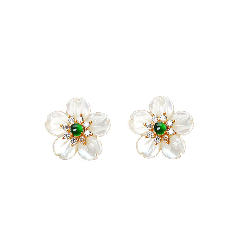Buddha Stones 925 Sterling Silver Tridacna Stone Jade Flower Blessing Earrings - image 9