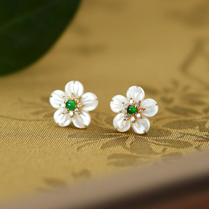 Buddha Stones 925 Sterling Silver Tridacna Stone Jade Flower Blessing Earrings - image 4