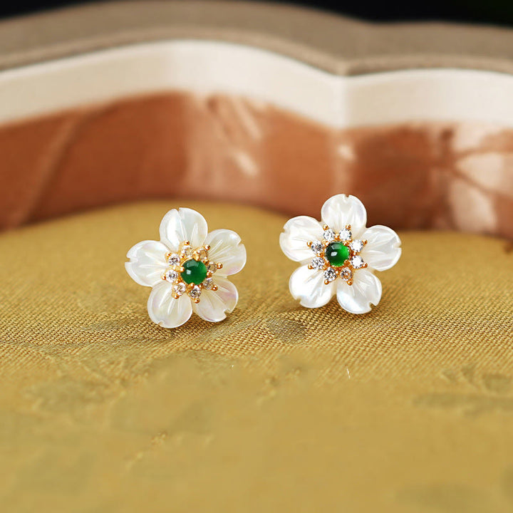 Buddha Stones 925 Sterling Silver Tridacna Stone Jade Flower Blessing Earrings - Tridacna Stone Jade 925 Sterling Silver - image 0