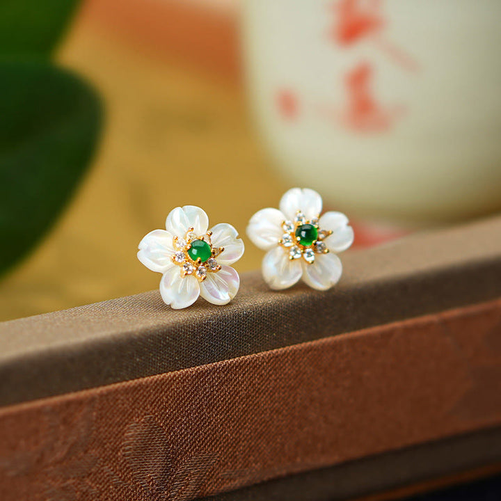 Buddha Stones 925 Sterling Silver Tridacna Stone Jade Flower Blessing Earrings - image 2