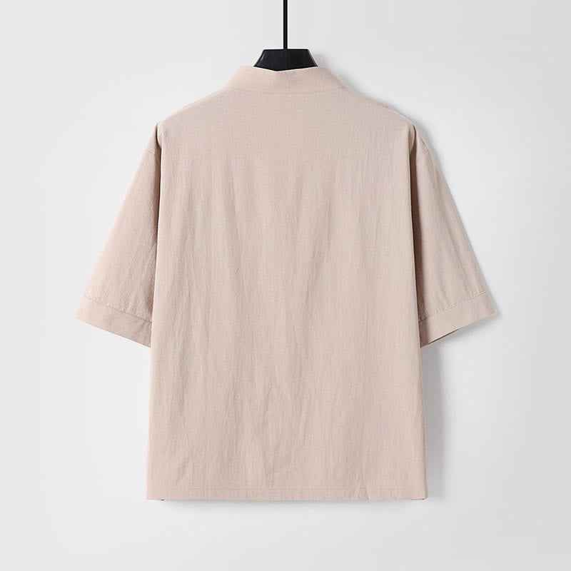 Buddha Stones Casual Plain Color Three Quarter Sleeve Front Button Cotton Linen Men's Shirt With Pockets - image 1