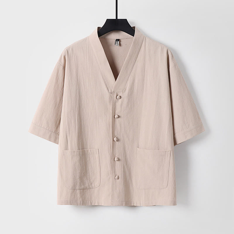 Buddha Stones Casual Plain Color Three Quarter Sleeve Front Button Cotton Linen Men's Shirt With Pockets - Wheat - US/UK/AU54，EU64 (9XL) - image 0