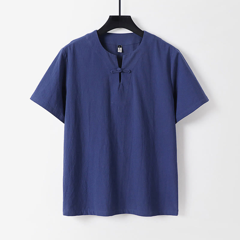 Buddha Stones Solid Color Short Sleeve One Frog Button Cotton Linen Men's Shirt - DarkBlue - US/UK/AU54，EU64 (9XL) - image 3
