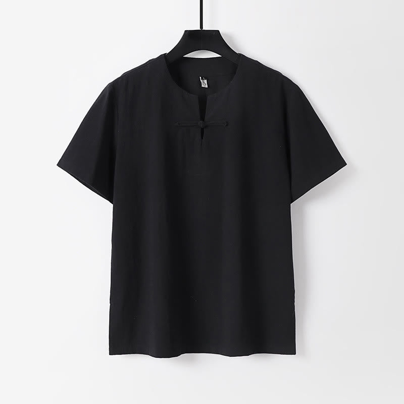 Buddha Stones Solid Color Short Sleeve One Frog Button Cotton Linen Men's Shirt - Black - US/UK/AU54，EU64 (9XL) - image 2