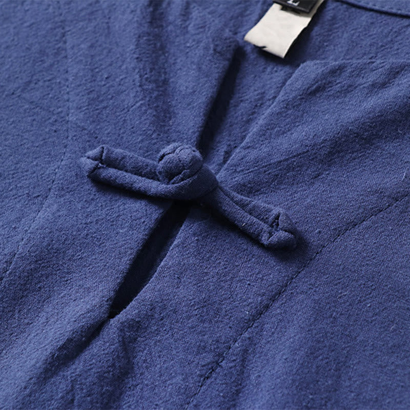 Buddha Stones Solid Color Short Sleeve One Frog Button Cotton Linen Men's Shirt - image 8