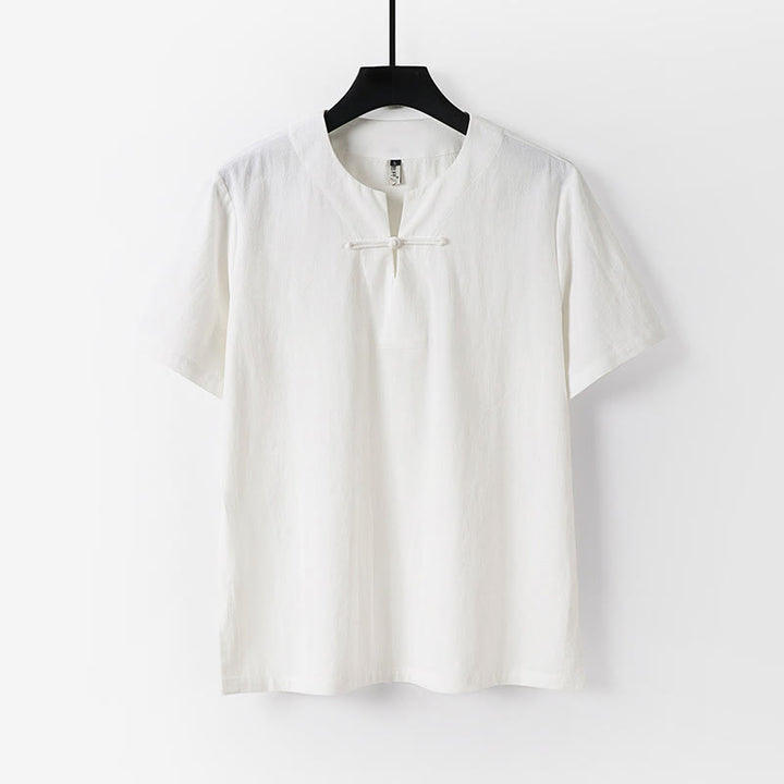 Buddha Stones Solid Color Short Sleeve One Frog Button Cotton Linen Men's Shirt - White - US/UK/AU54，EU64 (9XL) - image 1