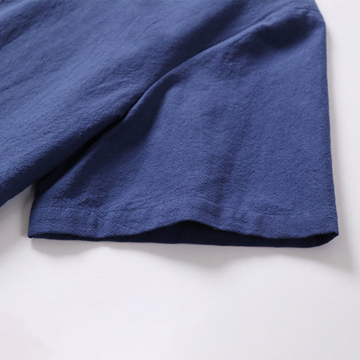 Buddha Stones Solid Color Short Sleeve One Frog Button Cotton Linen Men's Shirt - image 10