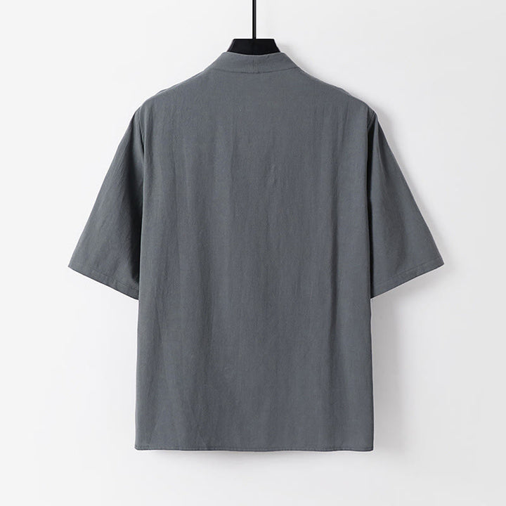 Buddha Stones Casual Plain Color Two Buttons V-neck Three Quarter Sleeve Cotton Men's Shirt - image 3