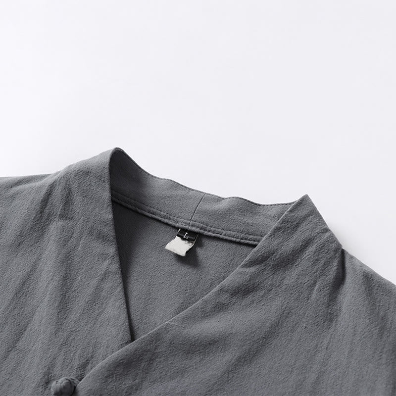 Buddha Stones Casual Plain Color Two Buttons V-neck Three Quarter Sleeve Cotton Men's Shirt - image 5