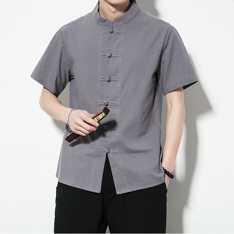 Buddha Stones Casual Solid Color Front Frog Buttons Chinese Tang Suit Short Sleeve Linen Men's Shirt - image 27