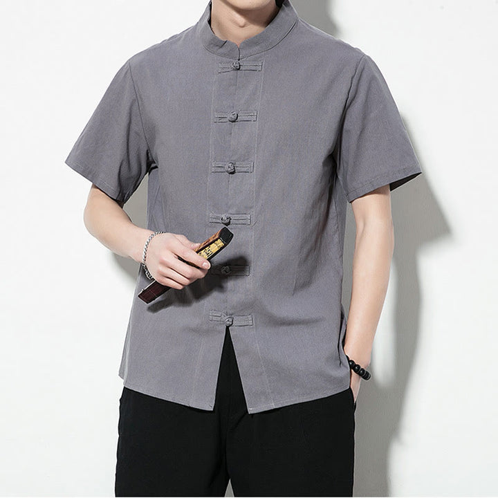 Buddha Stones Casual Solid Color Front Frog Buttons Chinese Tang Suit Short Sleeve Linen Men's Shirt - image 27