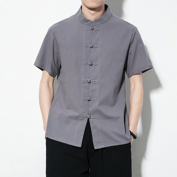 Buddha Stones Casual Solid Color Front Frog Buttons Chinese Tang Suit Short Sleeve Linen Men's Shirt - Gray - US/UK/AU46，EU56 (5XL) - image 22