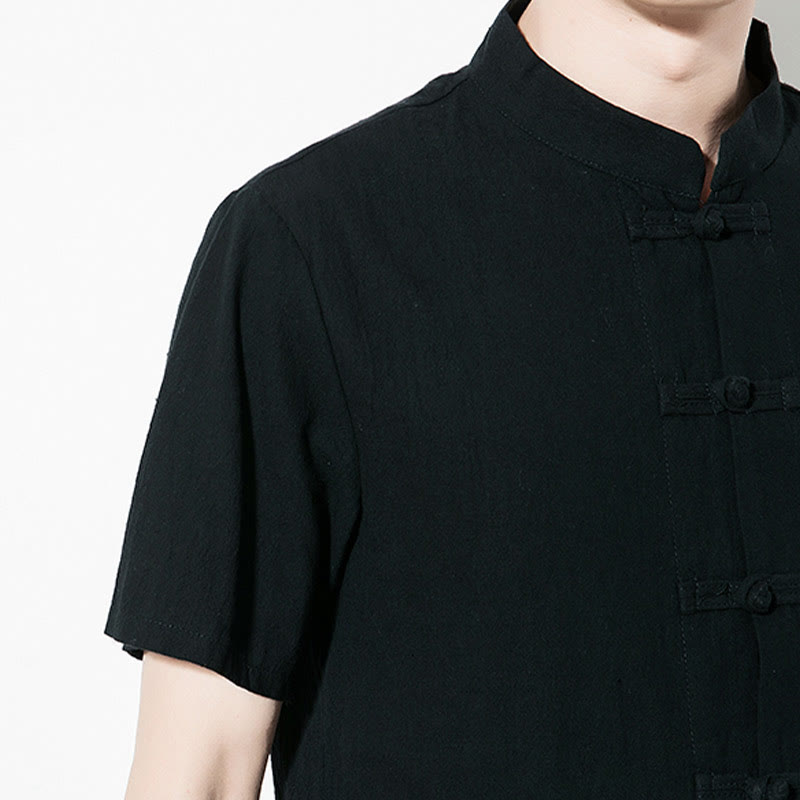 Buddha Stones Casual Solid Color Front Frog Buttons Chinese Tang Suit Short Sleeve Linen Men's Shirt - image 20