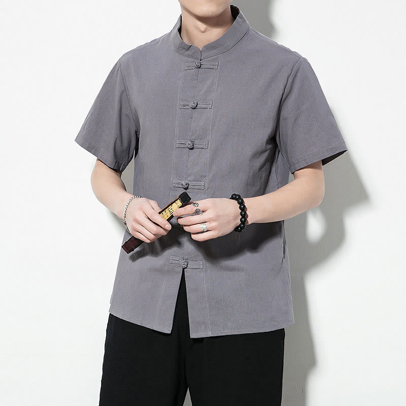 Buddha Stones Casual Solid Color Front Frog Buttons Chinese Tang Suit Short Sleeve Linen Men's Shirt - image 26