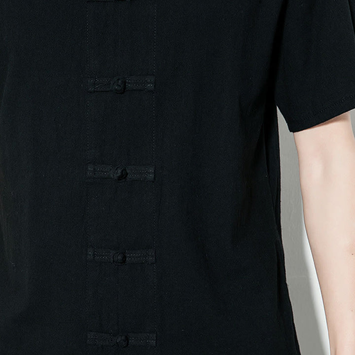 Buddha Stones Casual Solid Color Front Frog Buttons Chinese Tang Suit Short Sleeve Linen Men's Shirt - image 21