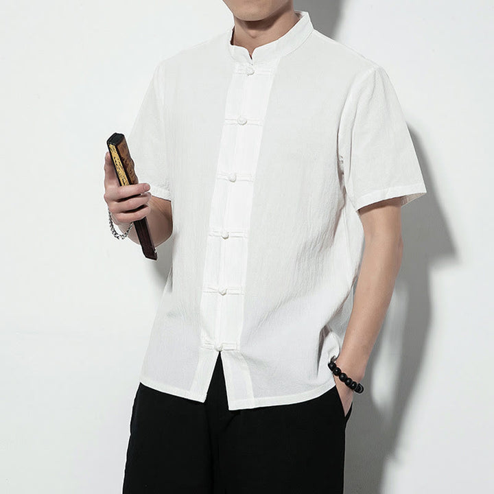 Buddha Stones Casual Solid Color Front Frog Buttons Chinese Tang Suit Short Sleeve Linen Men's Shirt - image 16