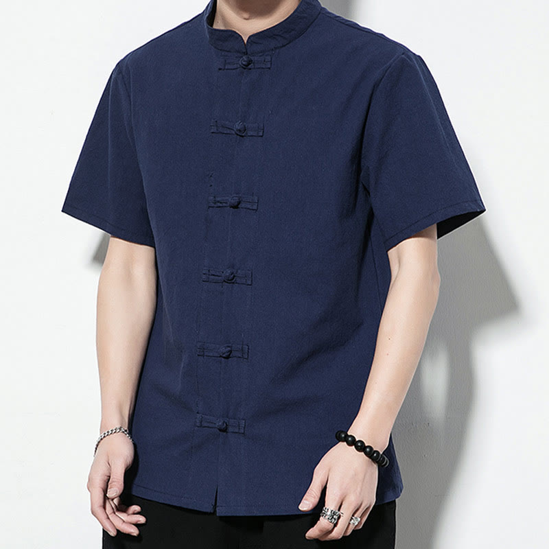 Buddha Stones Casual Solid Color Front Frog Buttons Chinese Tang Suit Short Sleeve Linen Men's Shirt - image 3