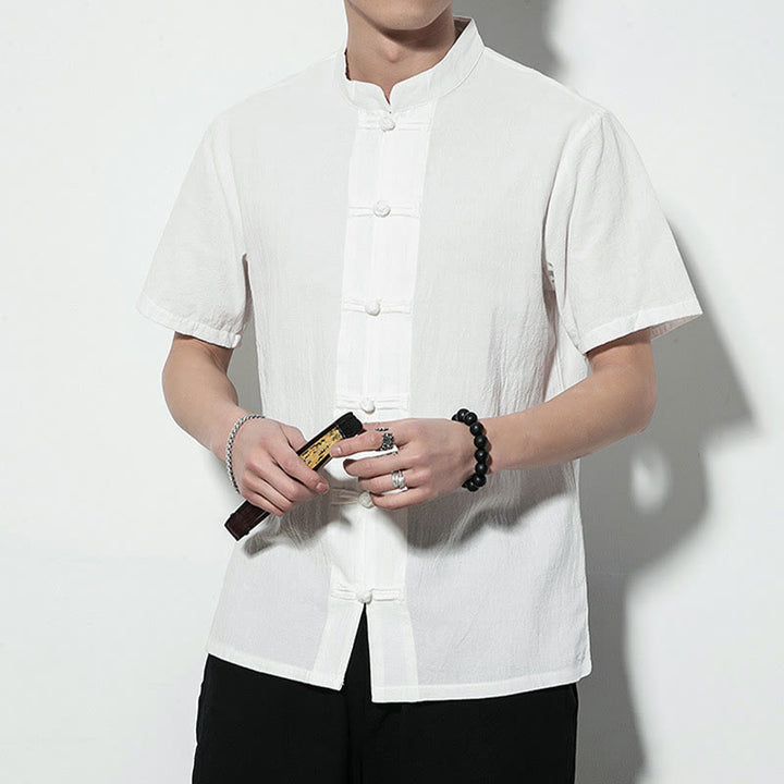 Buddha Stones Casual Solid Color Front Frog Buttons Chinese Tang Suit Short Sleeve Linen Men's Shirt - image 14