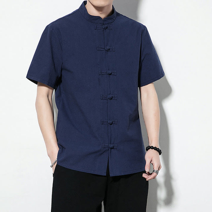 Buddha Stones Casual Solid Color Front Frog Buttons Chinese Tang Suit Short Sleeve Linen Men's Shirt - image 2