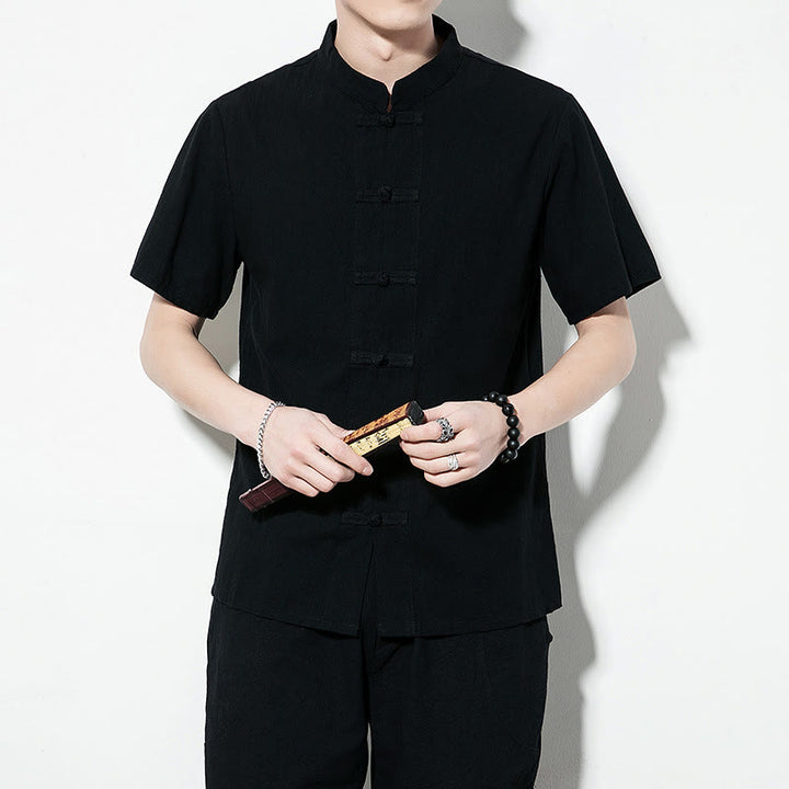 Buddha Stones Casual Solid Color Front Frog Buttons Chinese Tang Suit Short Sleeve Linen Men's Shirt - image 18