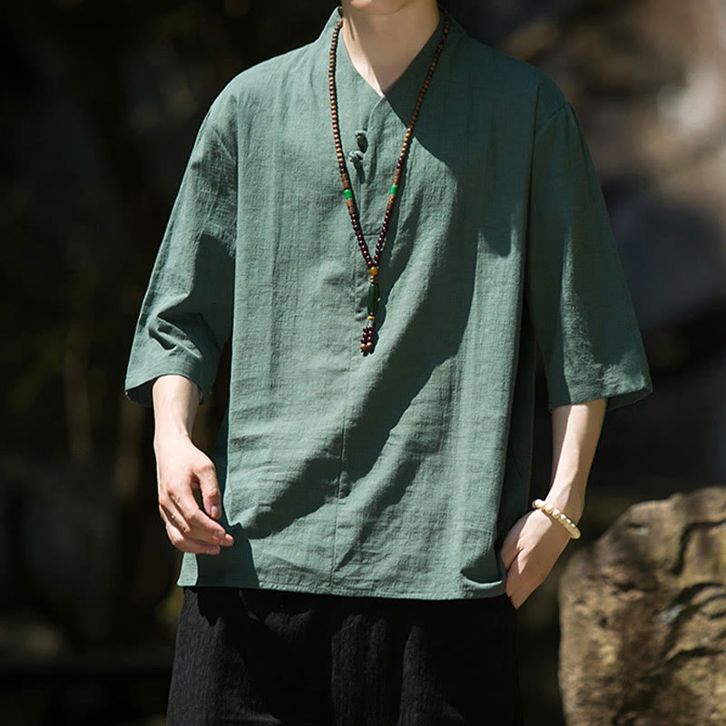 Buddha Stones Casual Solid Color Two Buttons V-neck Three Quarter Sleeve Cotton Linen Men's Shirt - SeaGreen - US/UK/AU46，EU56 (5XL) - image 11