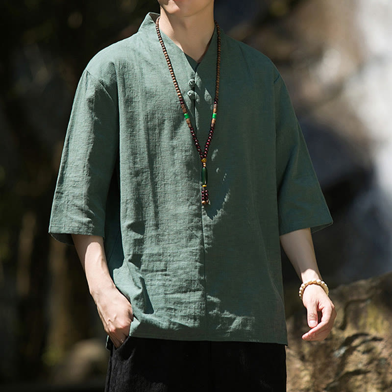 Buddha Stones Casual Solid Color Two Buttons V-neck Three Quarter Sleeve Cotton Linen Men's Shirt - image 15