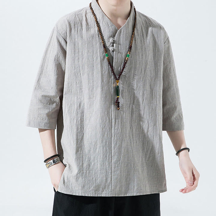 Buddha Stones Casual Solid Color Two Buttons V-neck Three Quarter Sleeve Cotton Linen Men's Shirt - image 6