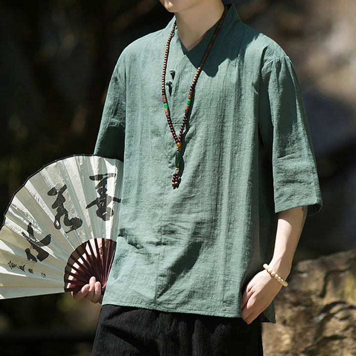 Buddha Stones Casual Solid Color Two Buttons V-neck Three Quarter Sleeve Cotton Linen Men's Shirt - image 12