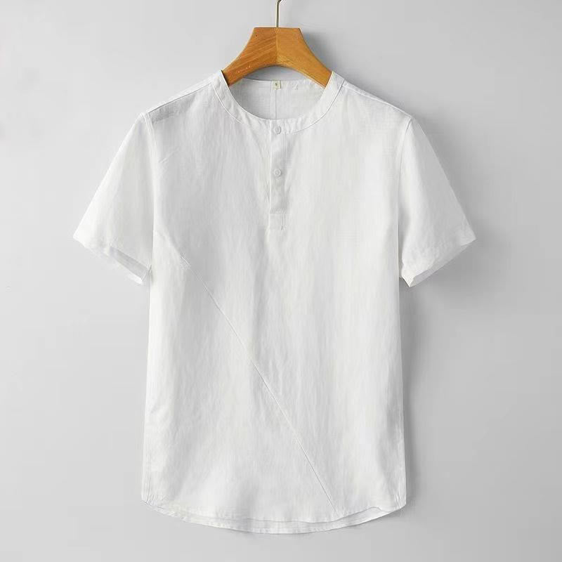 Buddha Stones Solid Color Short Sleeve Two Top Buttons Cotton Linen Men's Shirt - White - US/UK/AU44，EU54 (4XL) - image 2