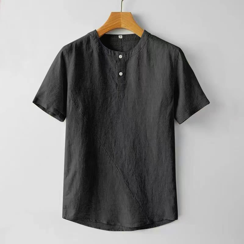 Buddha Stones Solid Color Short Sleeve Two Top Buttons Polyseter Linen Men's Shirt - Black - US/UK/AU44，EU54 (4XL) - image 4