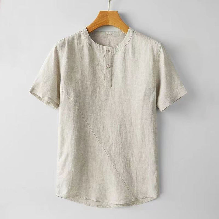 Buddha Stones Solid Color Short Sleeve Two Top Buttons Polyseter Linen Men's Shirt - Beige - US/UK/AU44，EU54 (4XL) - image 6