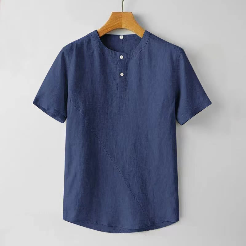 Buddha Stones Solid Color Short Sleeve Two Top Buttons Cotton Linen Men's Shirt - DarkBlue - US/UK/AU44，EU54 (4XL) - image 0