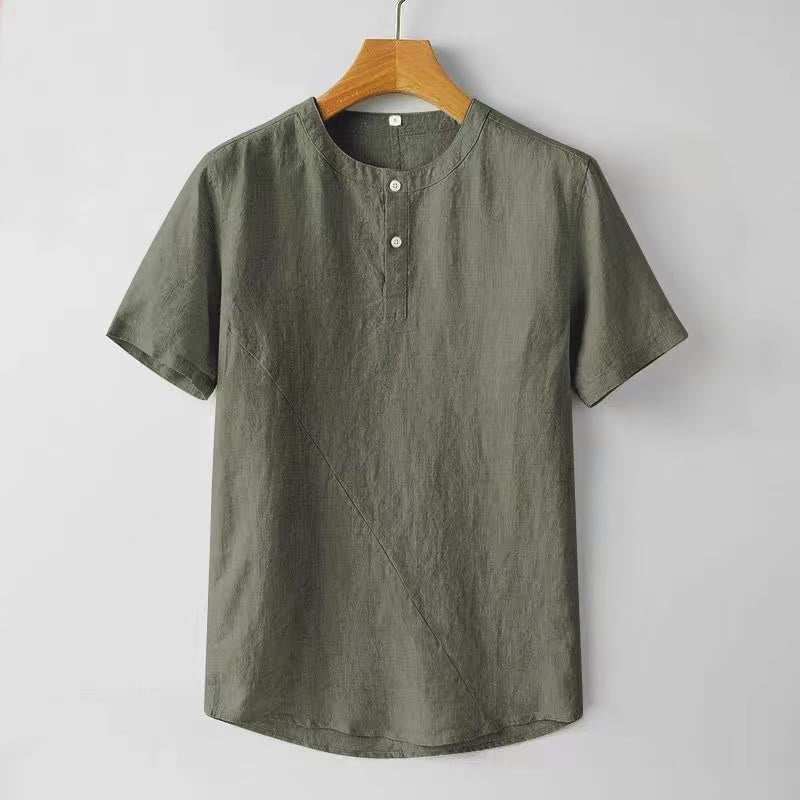 Buddha Stones Solid Color Short Sleeve Two Top Buttons Cotton Linen Men's Shirt - Olive - US/UK/AU44，EU54 (4XL) - image 10