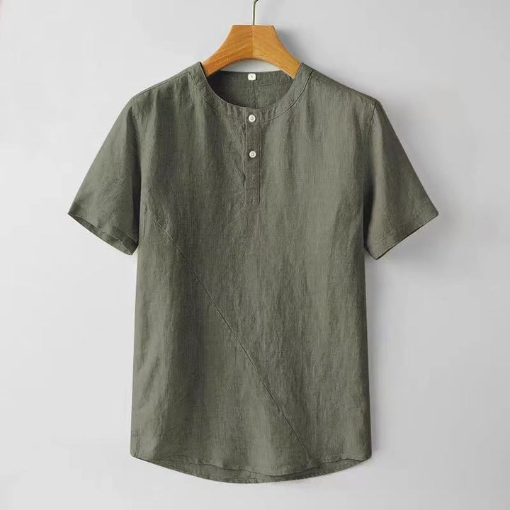 Buddha Stones Solid Color Short Sleeve Two Top Buttons Cotton Linen Men's Shirt - Olive - US/UK/AU44，EU54 (4XL) - image 10