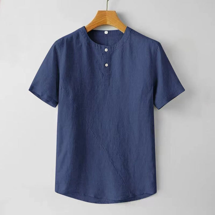 Buddha Stones Solid Color Short Sleeve Two Top Buttons Polyseter Linen Men's Shirt - DarkBlue - US/UK/AU44，EU54 (4XL) - image 0