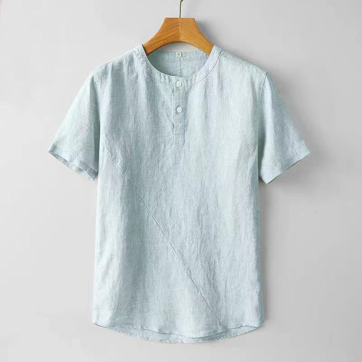 Buddha Stones Solid Color Short Sleeve Two Top Buttons Cotton Linen Men's Shirt - PaleTurquoise - US/UK/AU44，EU54 (4XL) - image 8