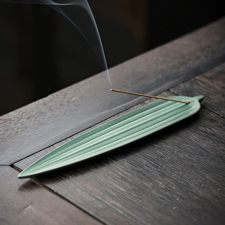 Buddha Stones Green Bamboo Leaf Healing Ceramic Incense Burner Decoration - Dark Green 22.2*4.3*0.8cm - image 0