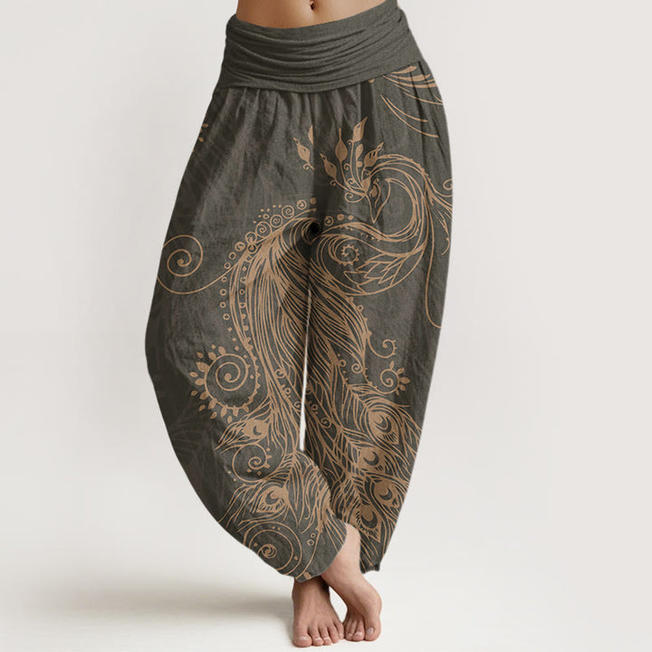 Buddha Stones Cotton Casual Peacock Design Women's Elastic Waist Harem Pants - DimGray - US22，UK/AU26，EU54 (6XL) - image 0