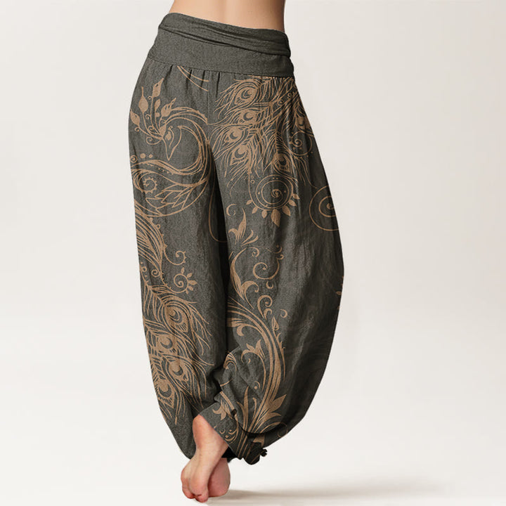 Buddha Stones Cotton Casual Peacock Design Women's Elastic Waist Harem Pants - image 1