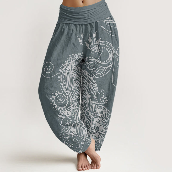 Buddha Stones Cotton Casual Peacock Design Women's Elastic Waist Harem Pants - SlateGray - US22，UK/AU26，EU54 (6XL) - image 4