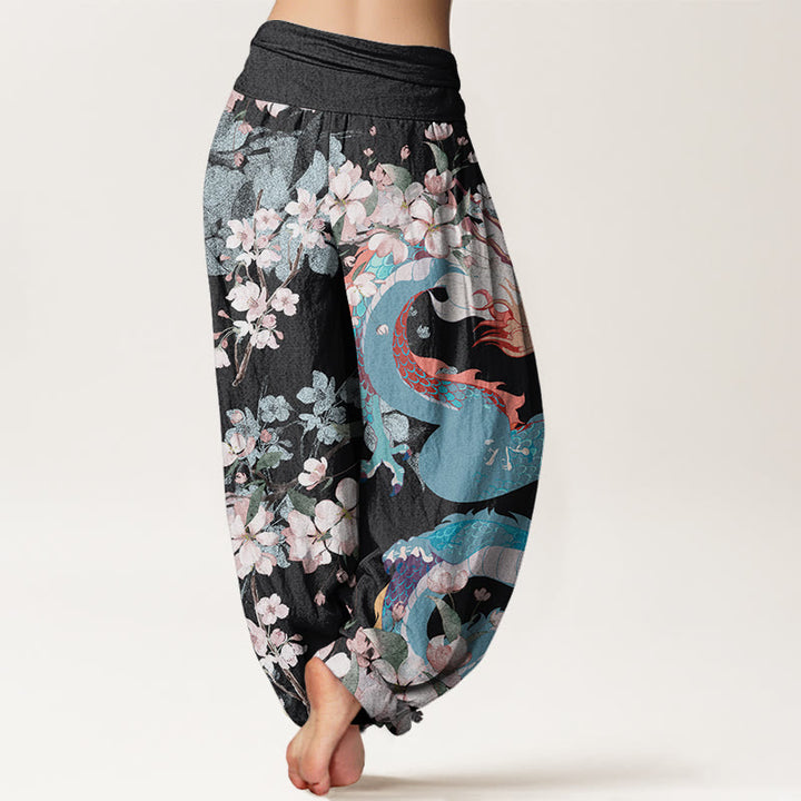Buddha Stones Cotton Casual Dragon Cherry Blossoms Women's Elastic Waist Harem Pants - image 1
