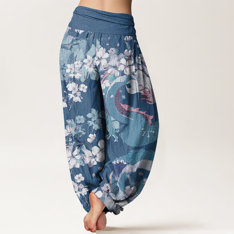 Buddha Stones Cotton Casual Dragon Cherry Blossoms Women's Elastic Waist Harem Pants - image 5