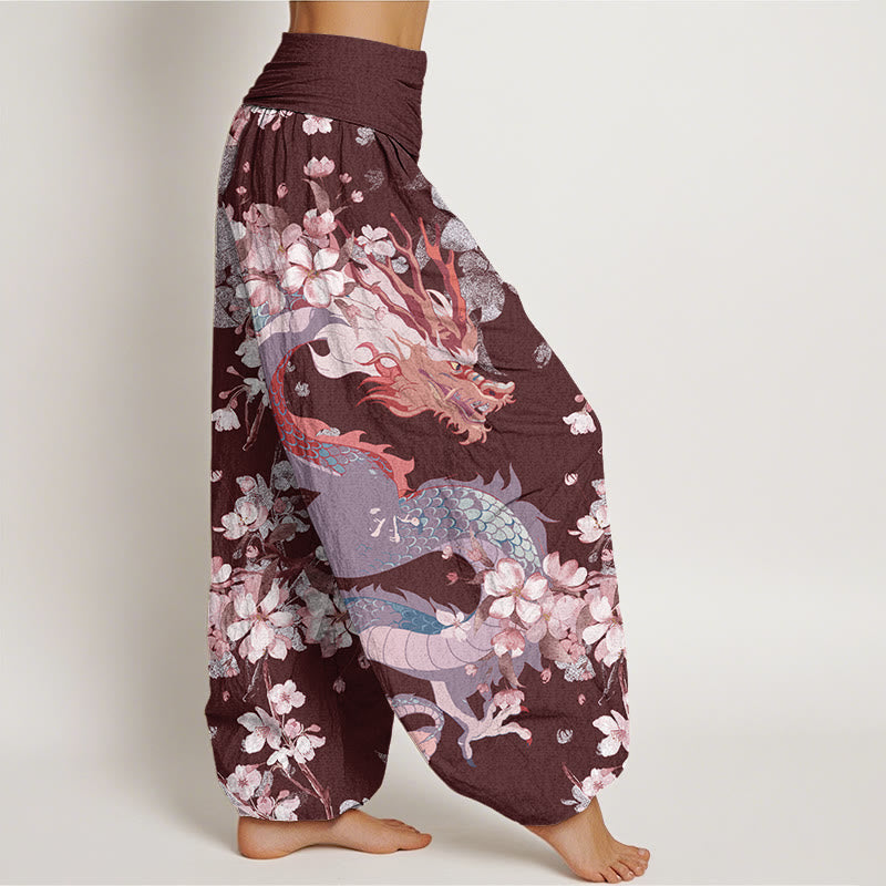 Buddha Stones Cotton Casual Dragon Cherry Blossoms Women's Elastic Waist Harem Pants - image 9