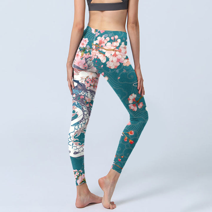 Buddha Stones Dragon Cherry Blossoms Print Gym Leggings Women's Yoga Pants - image 4