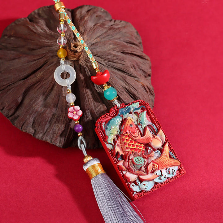 Buddha Stones Natural Cinnabar Koi Fish Lotus Design Blessing Peace Buckle Car Hanging Decoration - image 3