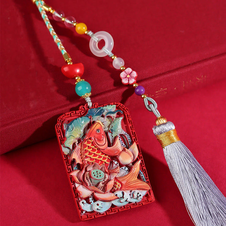 Buddha Stones Natural Cinnabar Koi Fish Lotus Design Blessing Peace Buckle Car Hanging Decoration - Cinnabar(Calm♥Concentration) - image 0