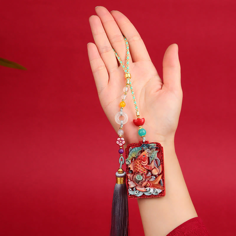 Buddha Stones Natural Cinnabar Koi Fish Lotus Design Blessing Peace Buckle Car Hanging Decoration - image 10