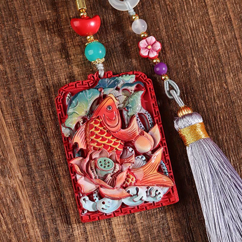 Buddha Stones Natural Cinnabar Koi Fish Lotus Design Blessing Peace Buckle Car Hanging Decoration - image 9