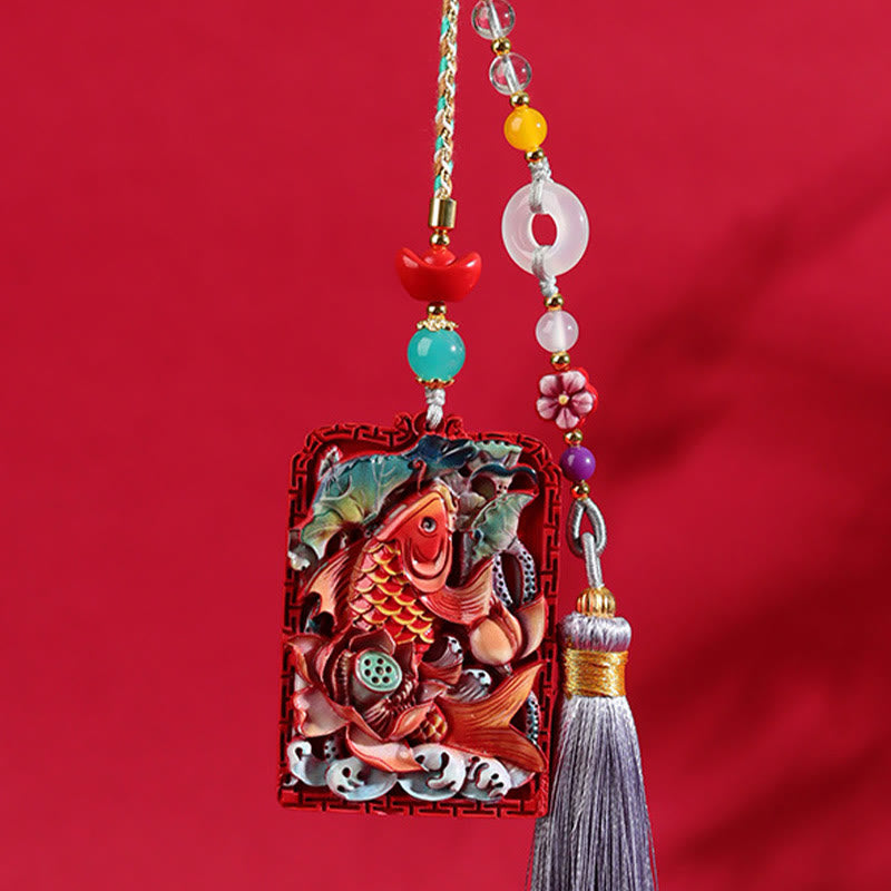 Buddha Stones Natural Cinnabar Koi Fish Lotus Design Blessing Peace Buckle Car Hanging Decoration - image 4