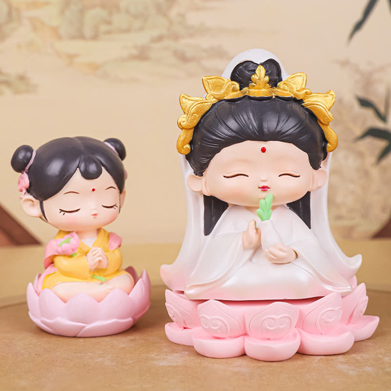 Buddha Stones Meditation Avalokitesvara Lotus Boy Girl Resin Statue Harmony Home Decoration - image 0
